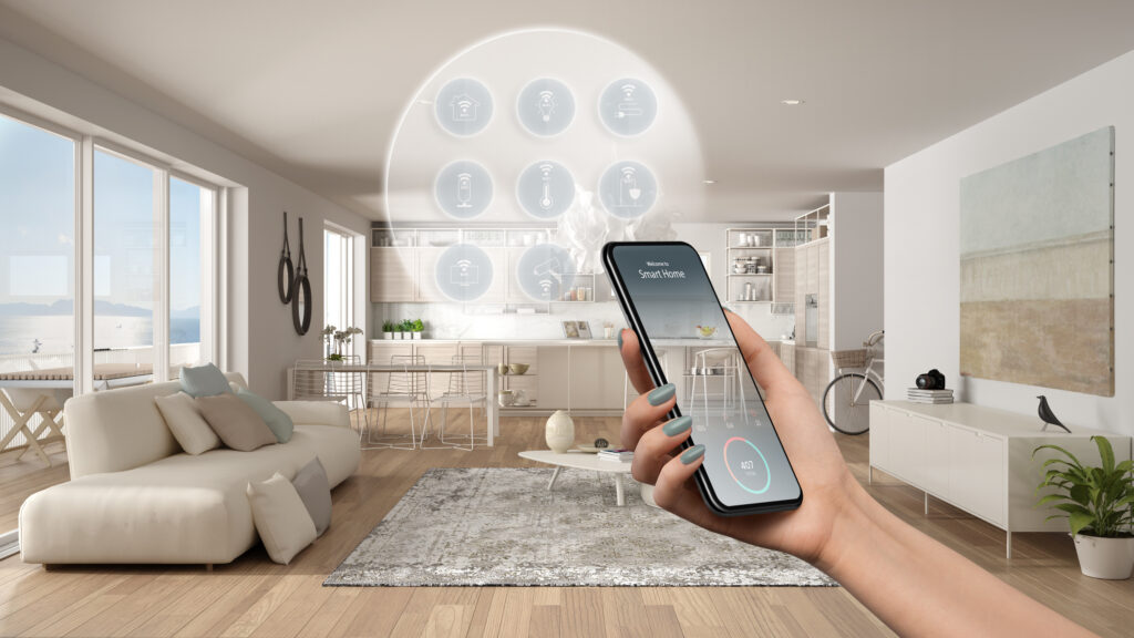 Smart home technology interface on phone app, augmented reality,
