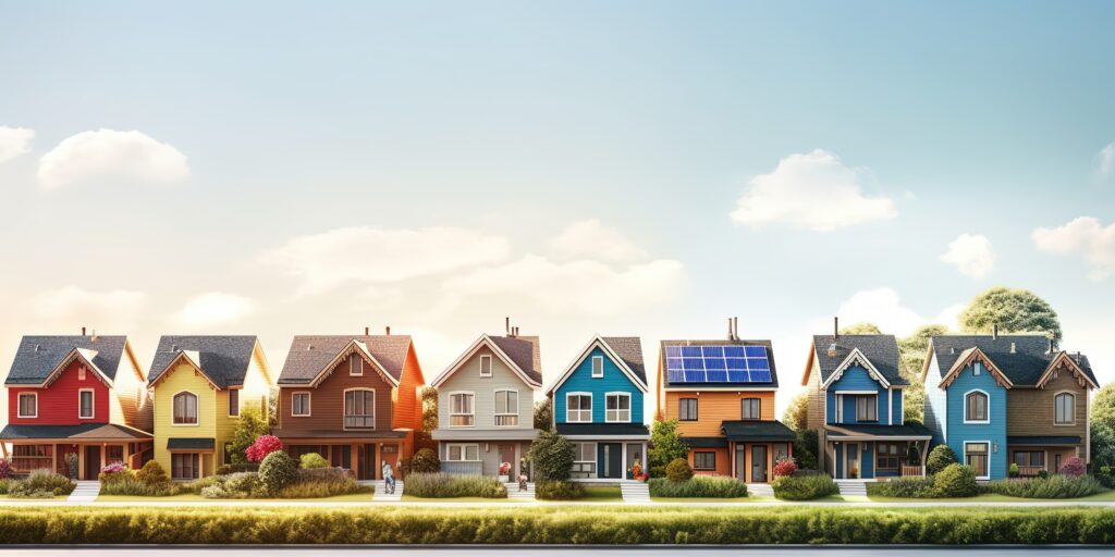 A row of houses with solar panels on the roof. Clean energy.